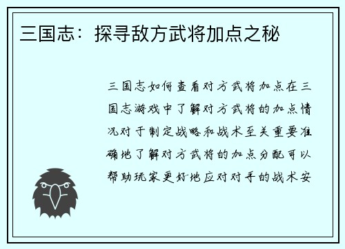 三国志：探寻敌方武将加点之秘